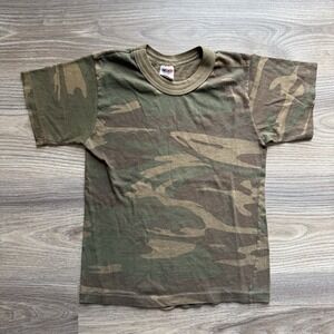 VTG 80s Camo Blank Essential Single Stitch T Shirt Youth Boys M USA